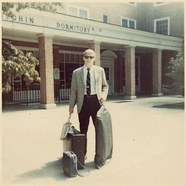 H0001-3. College freshman Michael G. Ford outside his college dormitory at Wake Forest University, Winston-Salem, NC. September 1968.