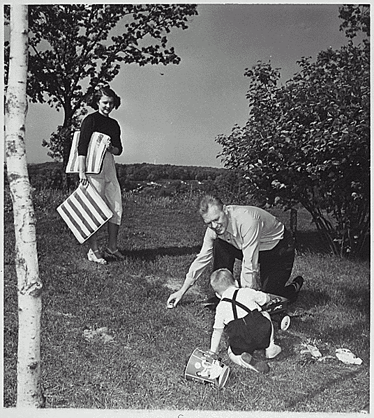 H0009-2. Betty Ford watches as Gerald R. Ford, Jr., plays with Michael Ford outside their apartment at 1521 Mount Eagle Place, Alexandria, VA. 1952.