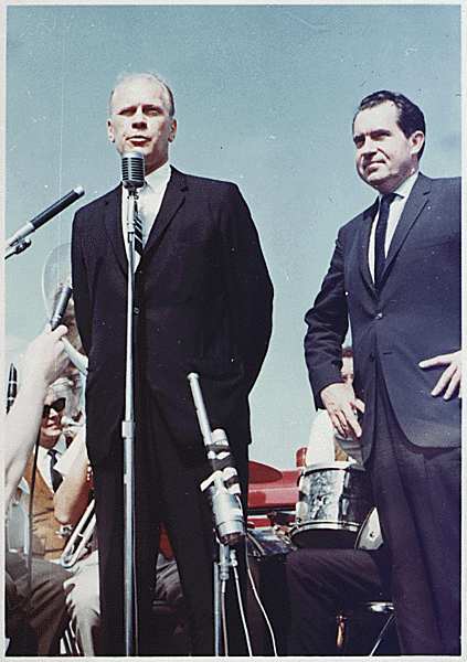 H0033-3. Representative Gerald R. Ford campaigns with former Vice President Richard Nixon for Barry Goldwater at the Kent County Airport, 1964; copyrighted photograph, Russell Photographs, Grand Rapids, MI