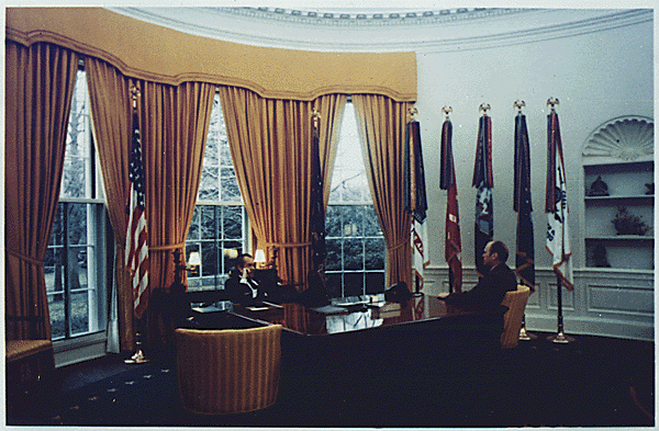 H0033-4. President Richard M. Nixon and Representative Gerald R. Ford meet in the Oval Office prior to the nomination of Mr. Ford to succeed Spiro T. Agnew as Vice President. October 13, 1973.