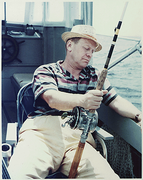 H0034-2. Gerald R. Ford takes a nap while trying some deep-sea fishing during a vacation trip to Free Town, Eleutheria, Bahamas, with other Republican Congressmen and their wives. April 1966.