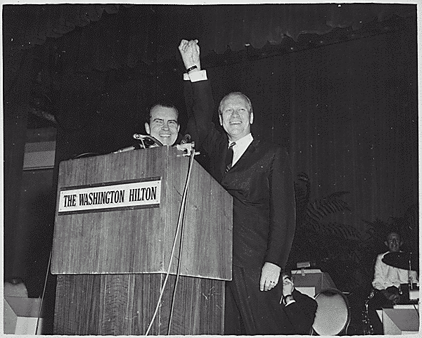 H0036-1. Representative Gerald R. Ford introduces President Richard M. Nixon at the Washington Hilton Hotel, Washington, DC. 1969.