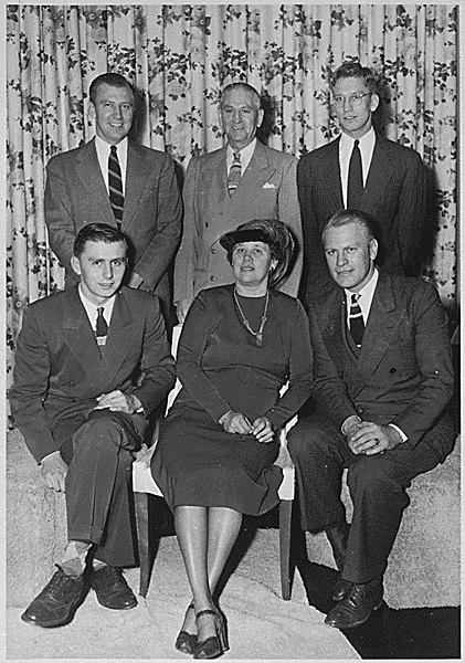 H0044-1. Gerald R. Ford, Jr., poses with his parents, Mr. and Mrs. Gerald R. Ford, Sr., and his half-brothers Tom, Dick, and Jim Ford at his wedding reception. October 15, 1948.