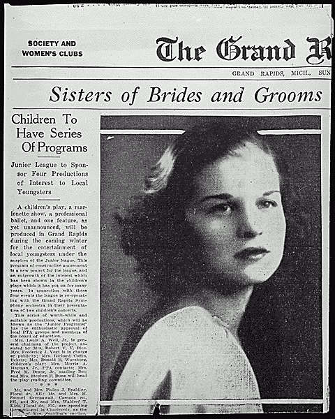 H0063-1. Portrait of Betty Bloomer on the Grand Rapids Herald Society Page. The photo was used as part of the wedding announcement for William Bloomer, brother of Betty Bloomer. July 1937.
