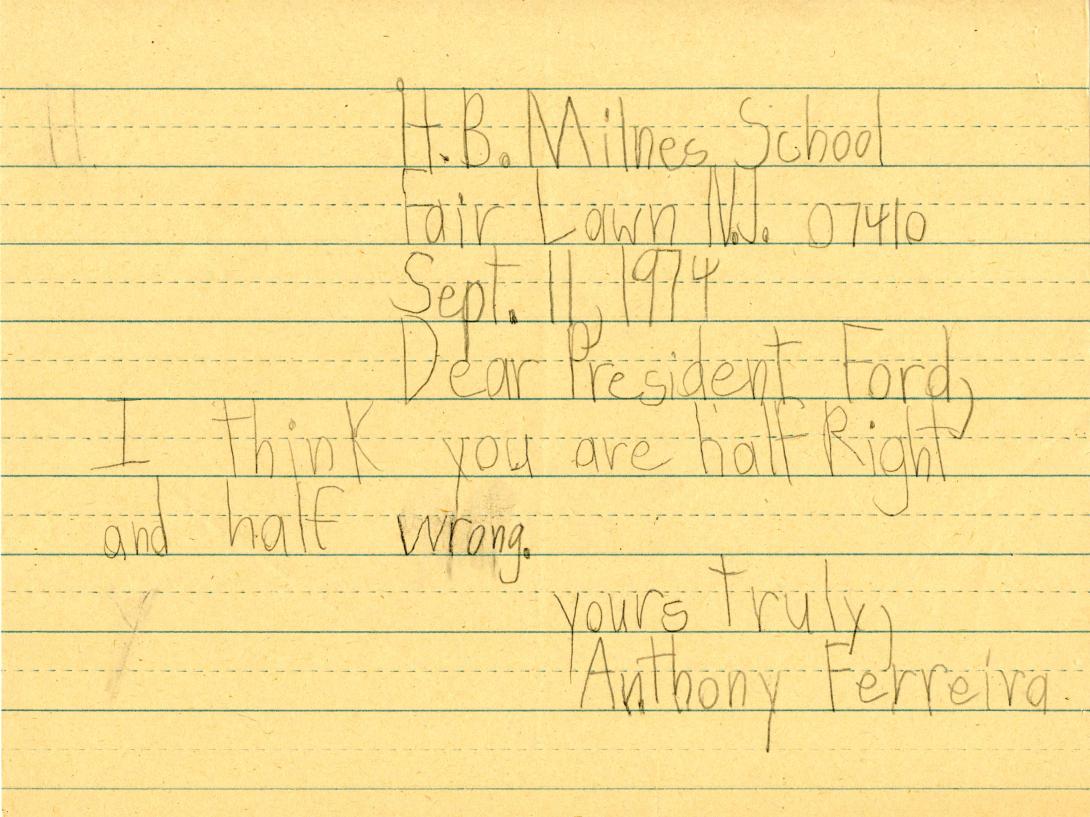 A handwritten letter from Anthony Ferreira to President Ford